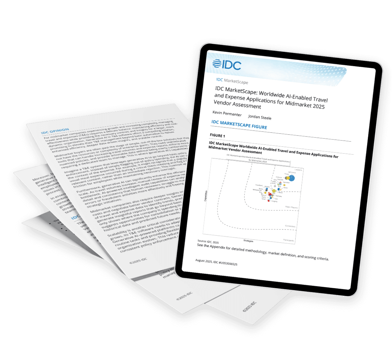 a stack of reports next to a tablet with IDC report