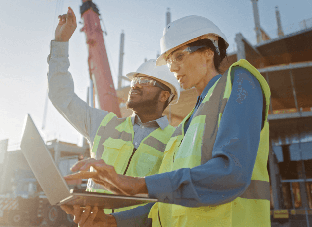 A construction professional pointing and the other monitoring their construction budget on a laptop