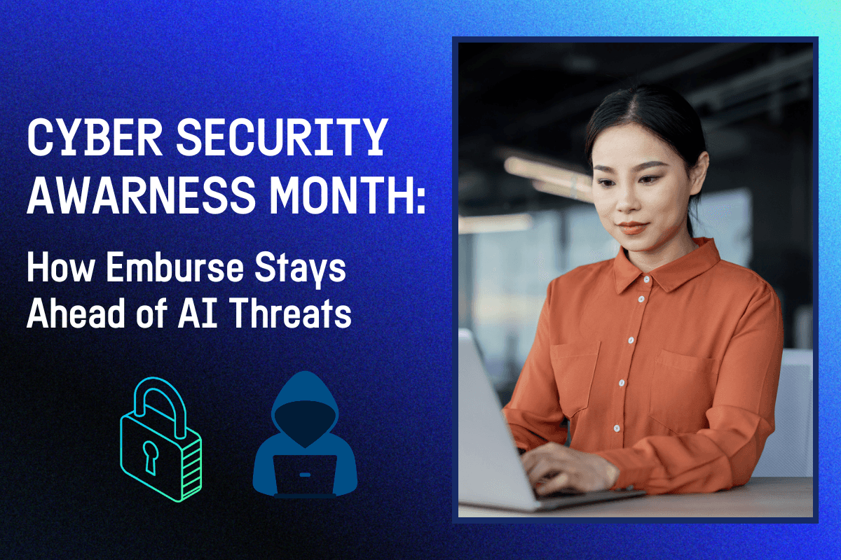 Cyber Security Awareness Month graphic: A woman works on a laptop next to text "How Emburse Stays Ahead of AI Threats," with padlock and hacker icons.