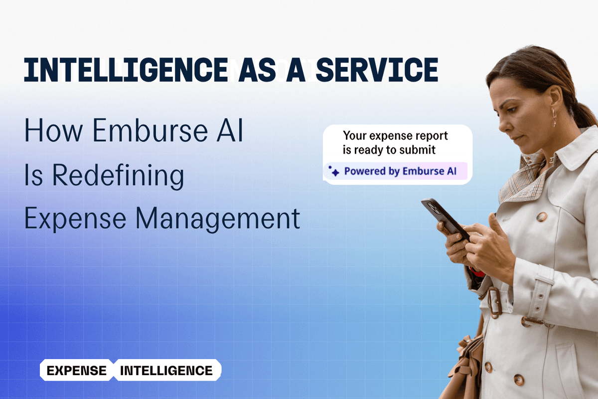 Woman viewing an Emburse AI expense report notification on her phone, with the title "Intelligence as a Service: How Emburse AI Is Redefining Expense Management."