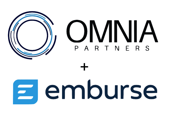 OMNIA PARTNERS logo and emburse logo with a plus sign between them.