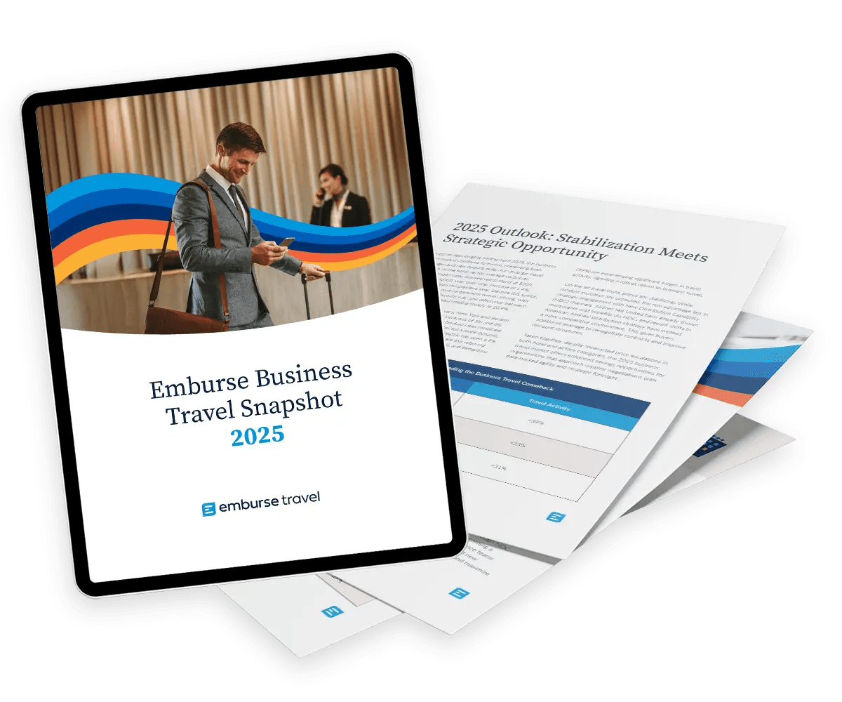 a tablet is open to a page that says emburse business travel snapshot 2025